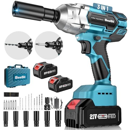 SeeSii WH700: Brushless Cordless Impact Wrench 1/2 inch Max Torque 479 Ft-lbs(650Nm), 3300RPM w/ 2x 4.0 Battery, 6 Sockets, 9 Drill, 6 Screws, High Power Impact Wrench for Car Home