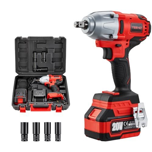 TEENO Brushless Impact Wrench: 600N.m Cordless Lithium-Ion Impact Wrench 4.0Ah Battery, Carry Box for Car Home, 4pcs Sockets