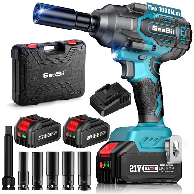 Seesii WH760: 1000Nm(738ft-lbs) Cordless Impact Wrench High Torque, 1/2" Brushless Impact Gun w/Two 4.0AH Battery, Fast Charger, 5 Sockets & Storage Case, Electric Impact Wrench for Car Truck