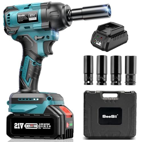Seesii WH550: Cordless Impact Wrench 1/2 inch, 405Ft-lbs(550N.m) Brushless Impact Gun with 4.0Ah Battery, Charger & 4 Sockets, Electric Impact Wrench